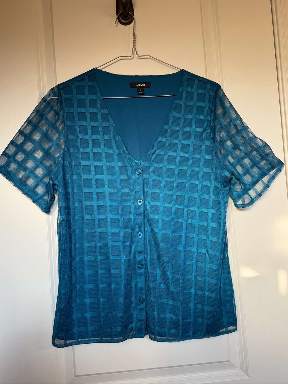 Alfani Teal Grid-Pattern Button-Front V-Neck Top